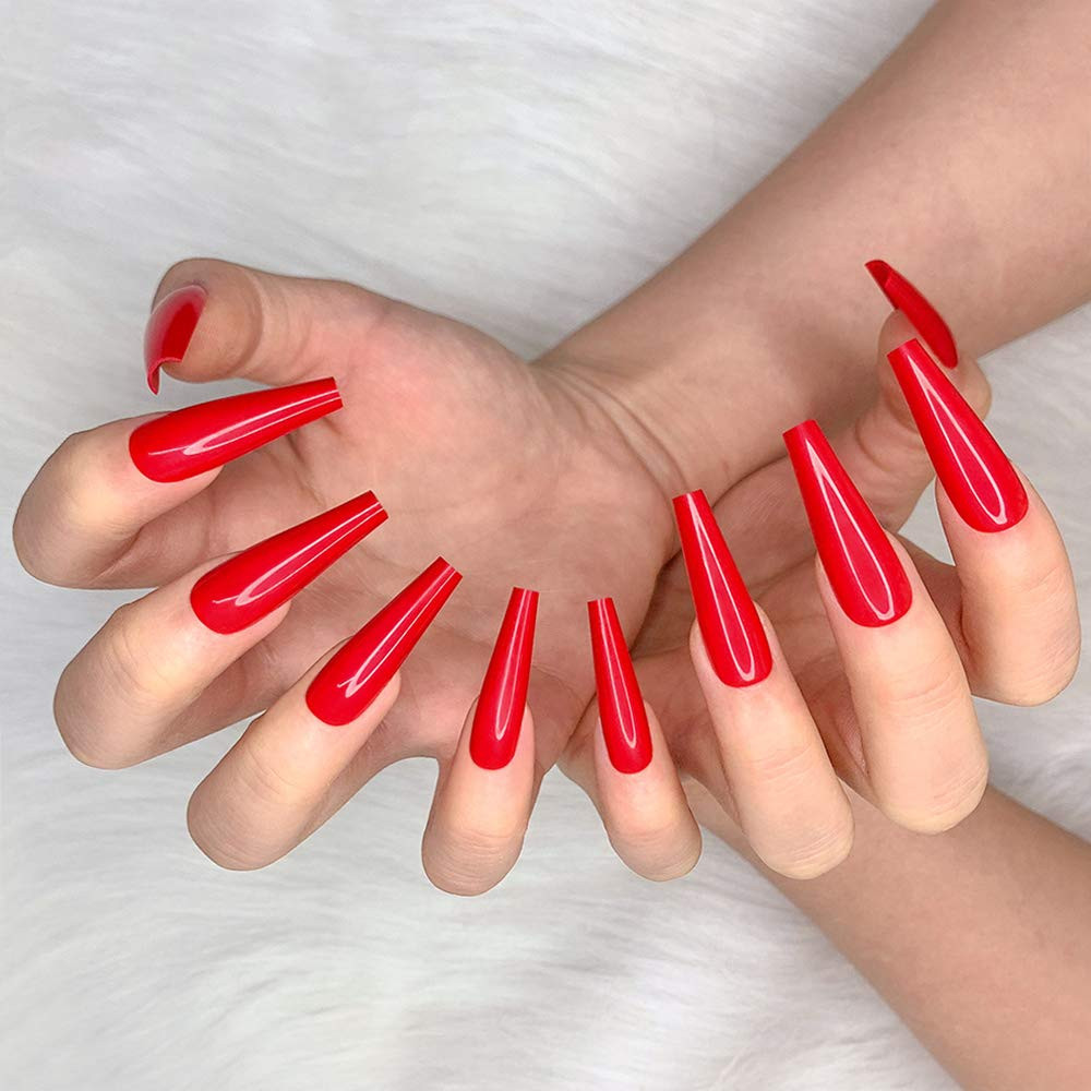 24pcs Red Coffin Press On Nails Long Glossy Fake Nails Manicure Set Acrylic Tips