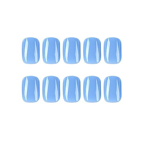 Lake Blue Press on Nails Short Square Fake Nails with Nail Glue Cute lake blue