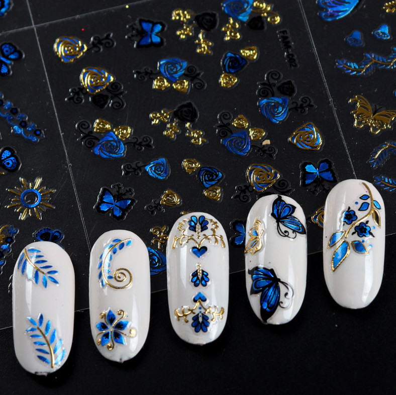 10PCS Nail Art Stickers Gold Blue Lace BUTTERFLY ROSE FLOWER Slider #9