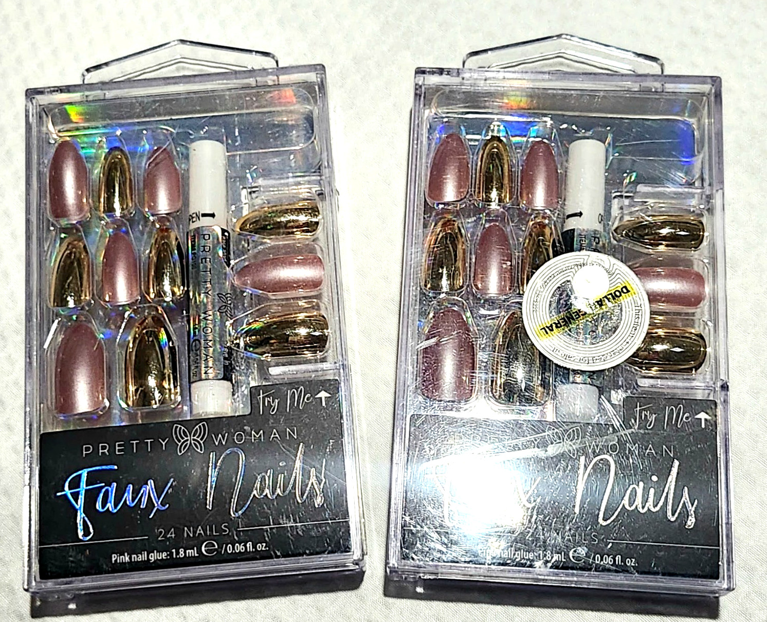 Lot of 2 Pretty Woman Faux Nails Metallic Rose Gold & Chrome Glue On Press On 24