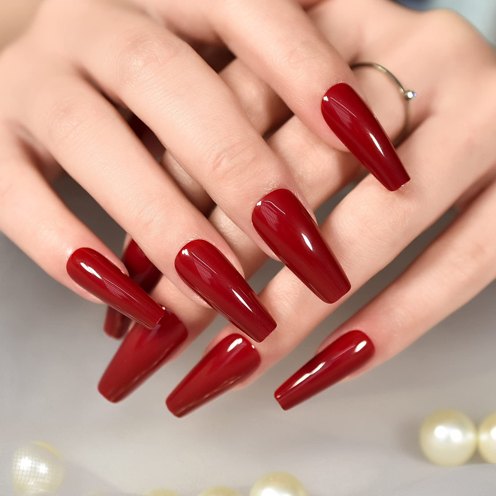 Glossy Red Press on Nails Medium Length Coffin False Nail Tips Reusable Full …