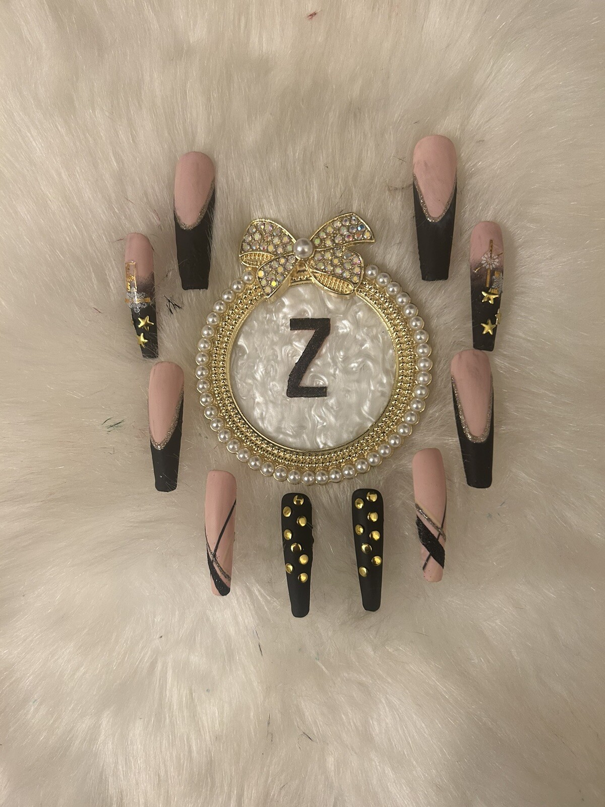 Z NAILZ! Gorgeous Handmade 2XL Matte Black/Gold/Nude Press On Nails 💅