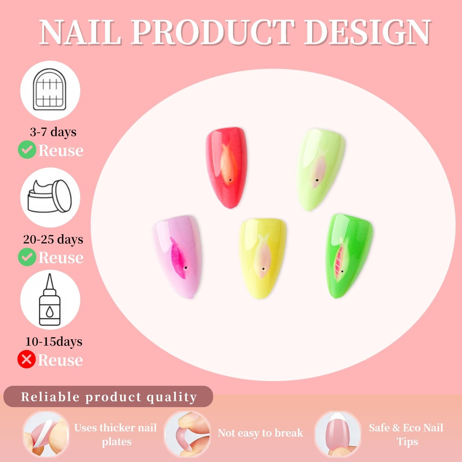 Tephrent Short Almond Press on Nails Little Fish