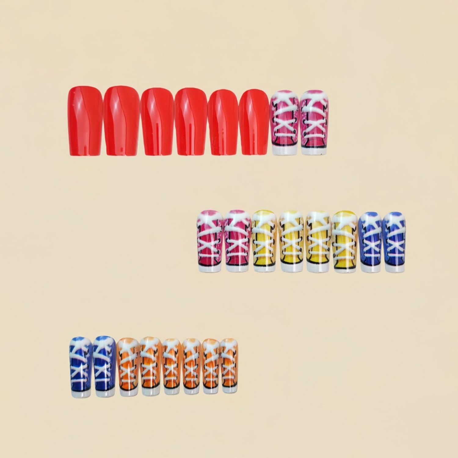 Colorful Sneaker Design Press-on Nails, 24 Pcs Reusable Artificial Nails with