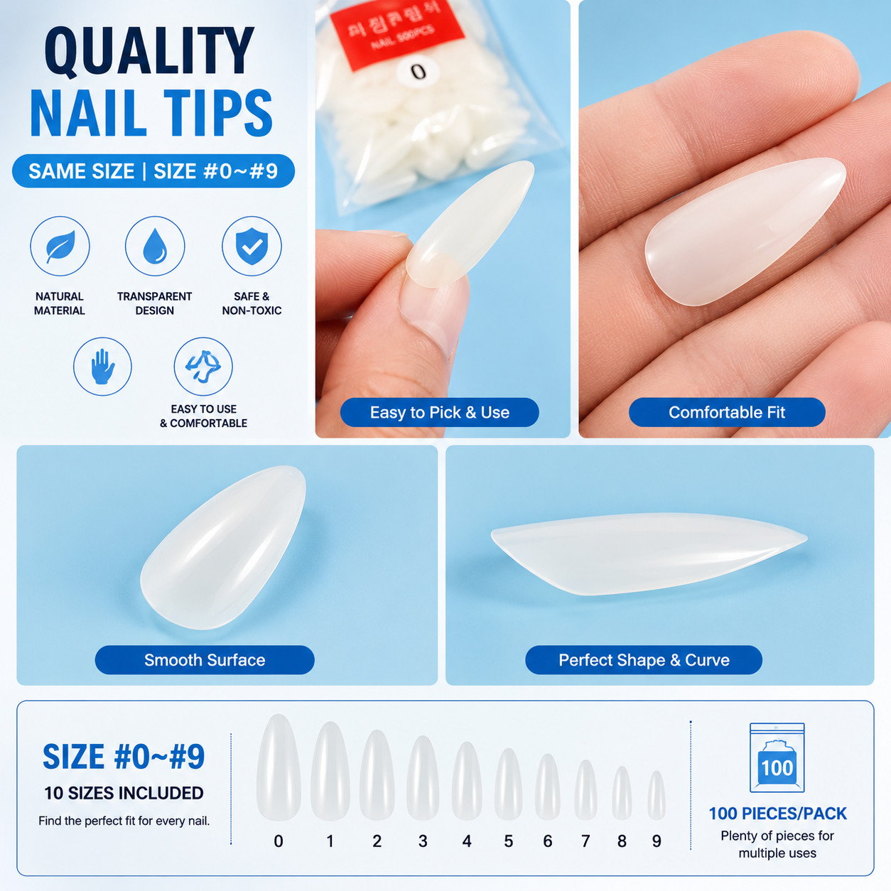 100PCS Almond Full Cover Press On Nail Tips All Sizes Professional Manicure