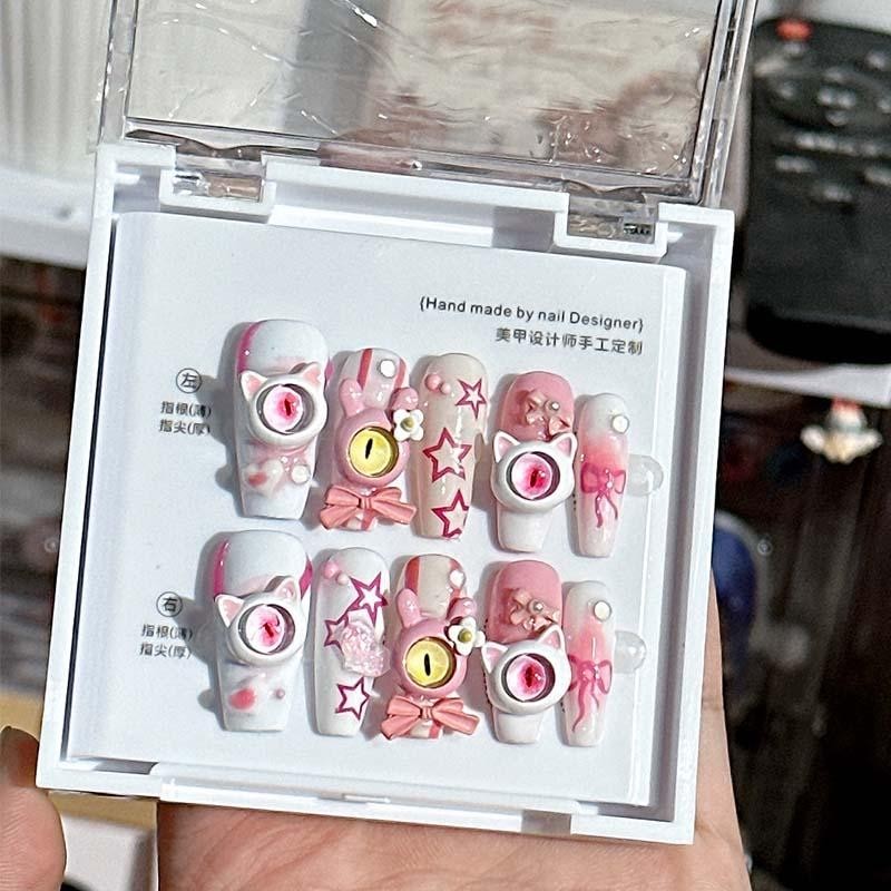 10pcs Cute Handmade Fake Nail Tips Small Monster False Nails with Bow Stars Patt