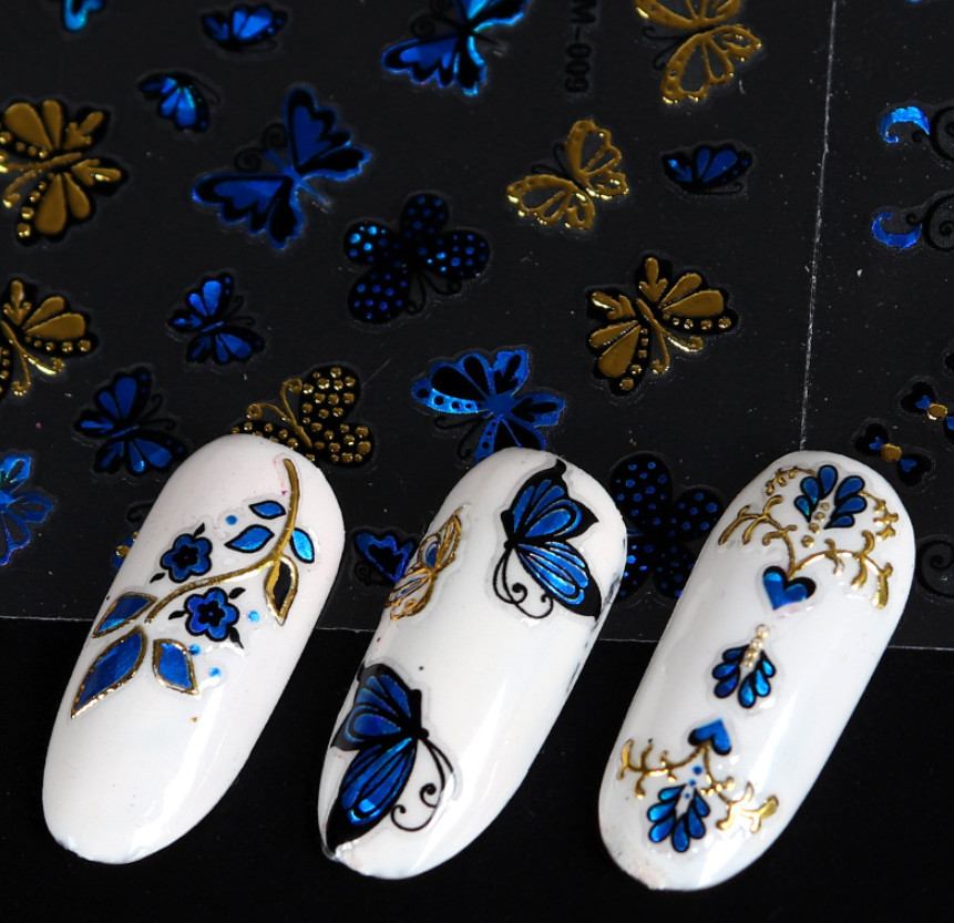 10PCS Nail Art Stickers Gold Blue Lace BUTTERFLY ROSE FLOWER Slider #9