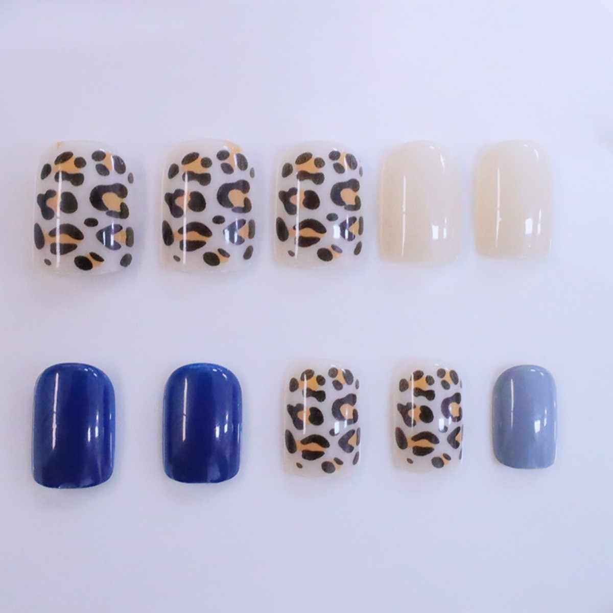 48pcs Short Almond Press on Nails, Blue Gray Cream Leopard Print Casual Nails