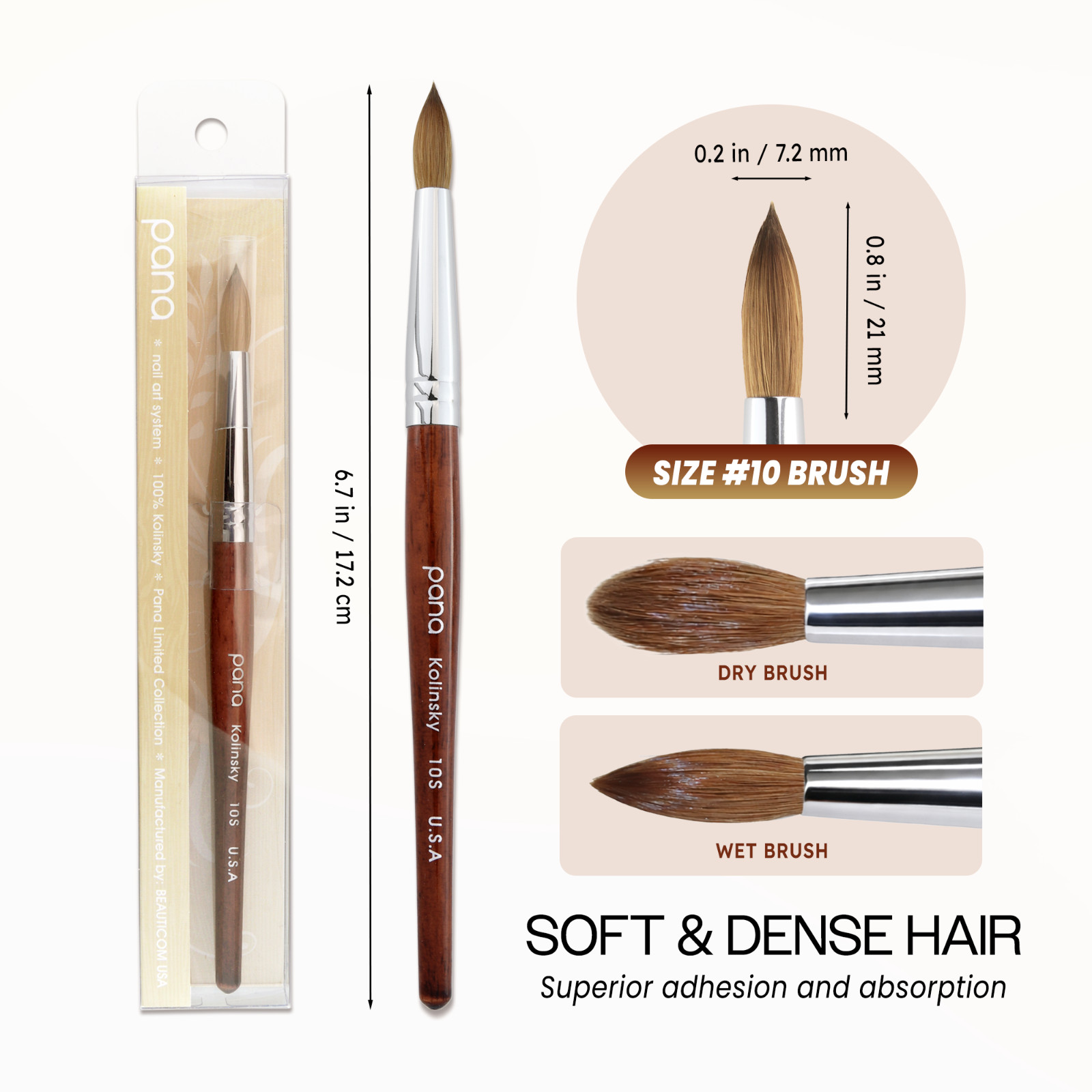 Pana USA Acrylic Nail Brush 100% Pure Kolinsky Hair Mahogany Wood Handle-Size 10