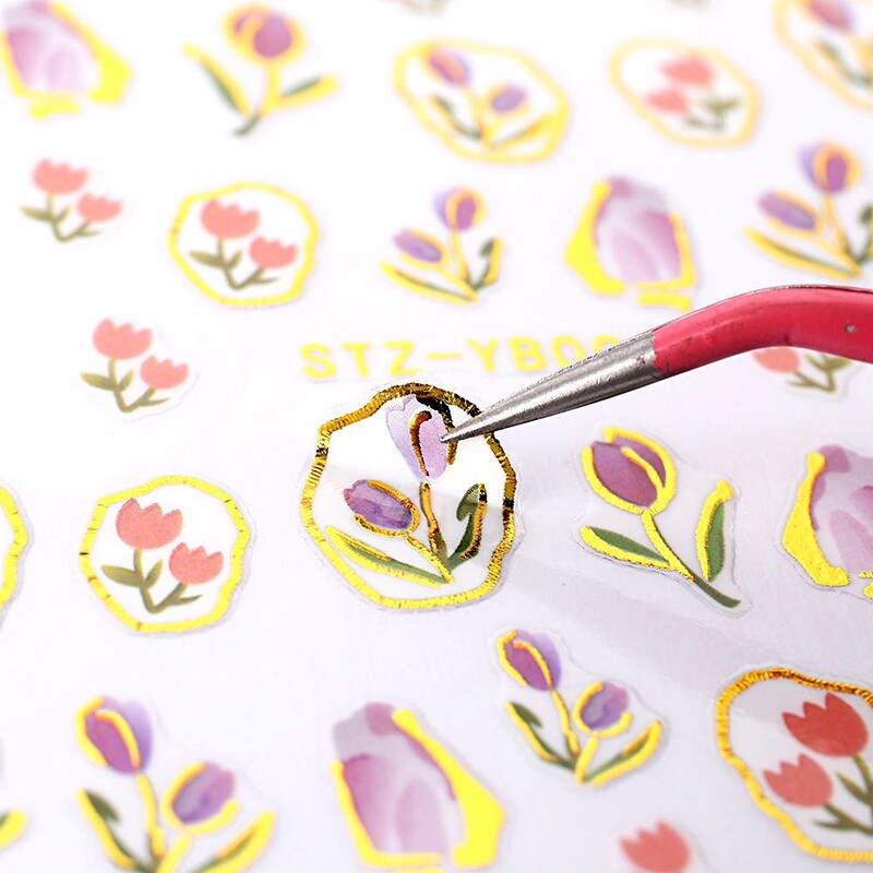 Tulip Flower Leaf Nail Sticker Silver Vintage Flower Blue Pink Wrap Nail Decal
