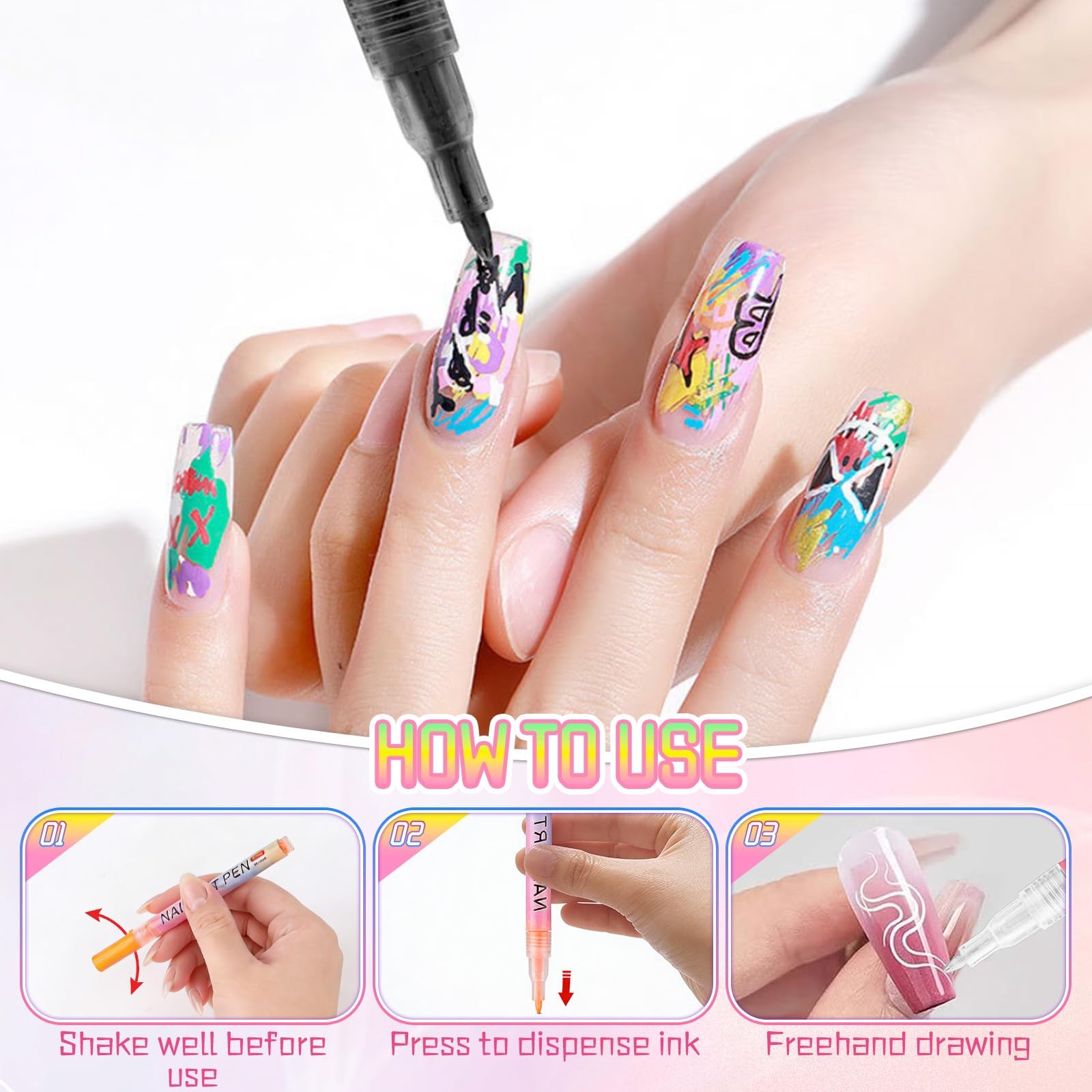 12 Colors Nail Art Pens Set, 3D Nail Polish Pens, Nail Art Pens for Dotting Draw