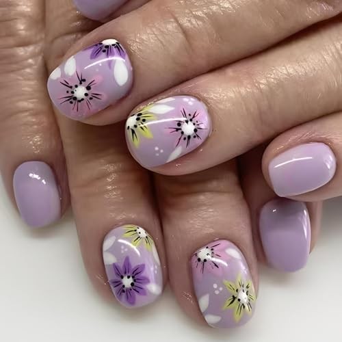 Purple Press on Nails Fake Nails with Yellow Short Square Yellow Pink Purple