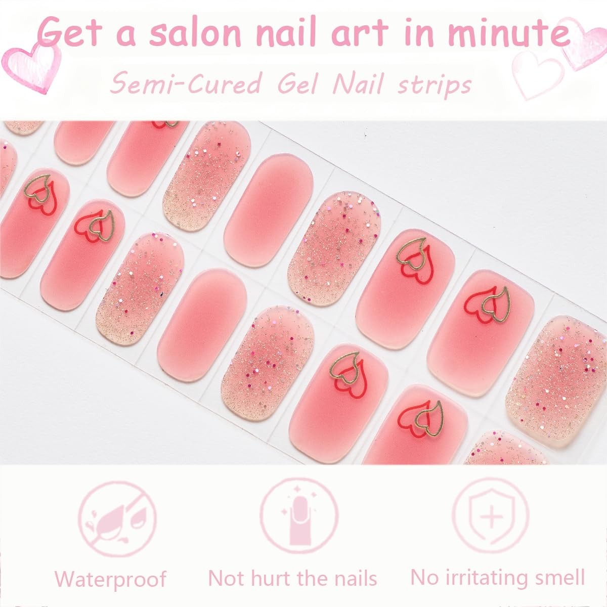 Heart Semi Cured Gel Nail Strips Valentines Gel Nail Stickers Full Nails Wrap…