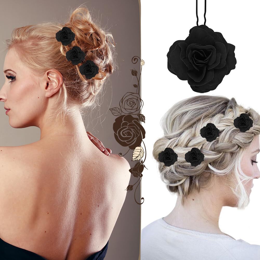 8 PCS Black Rose Flower Hair Clips U Shape Floral Bobby