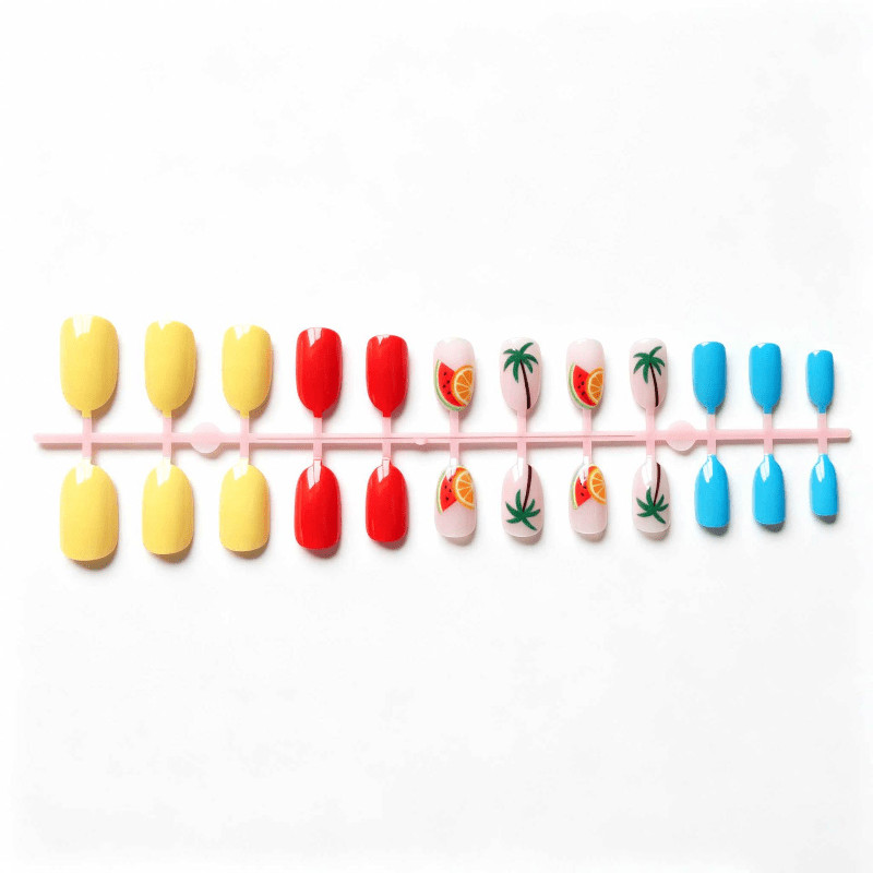 48 Pcs Fruit Palm Tree Print Press on Nails, Medium Almond Summer Fake Nails