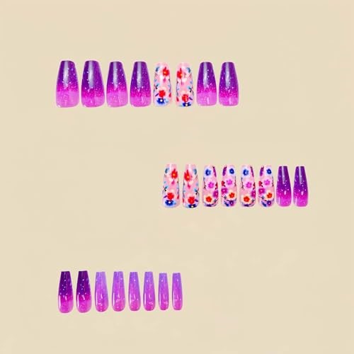 Press On Nails Coffin Fake Nails Flower With Gradient Medium Purple Flower 06