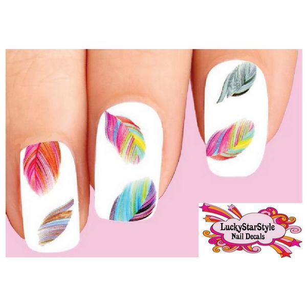 Waterslide Feather Nail Decals Set of 20 – Colorful Rainbow Feathers Assorted