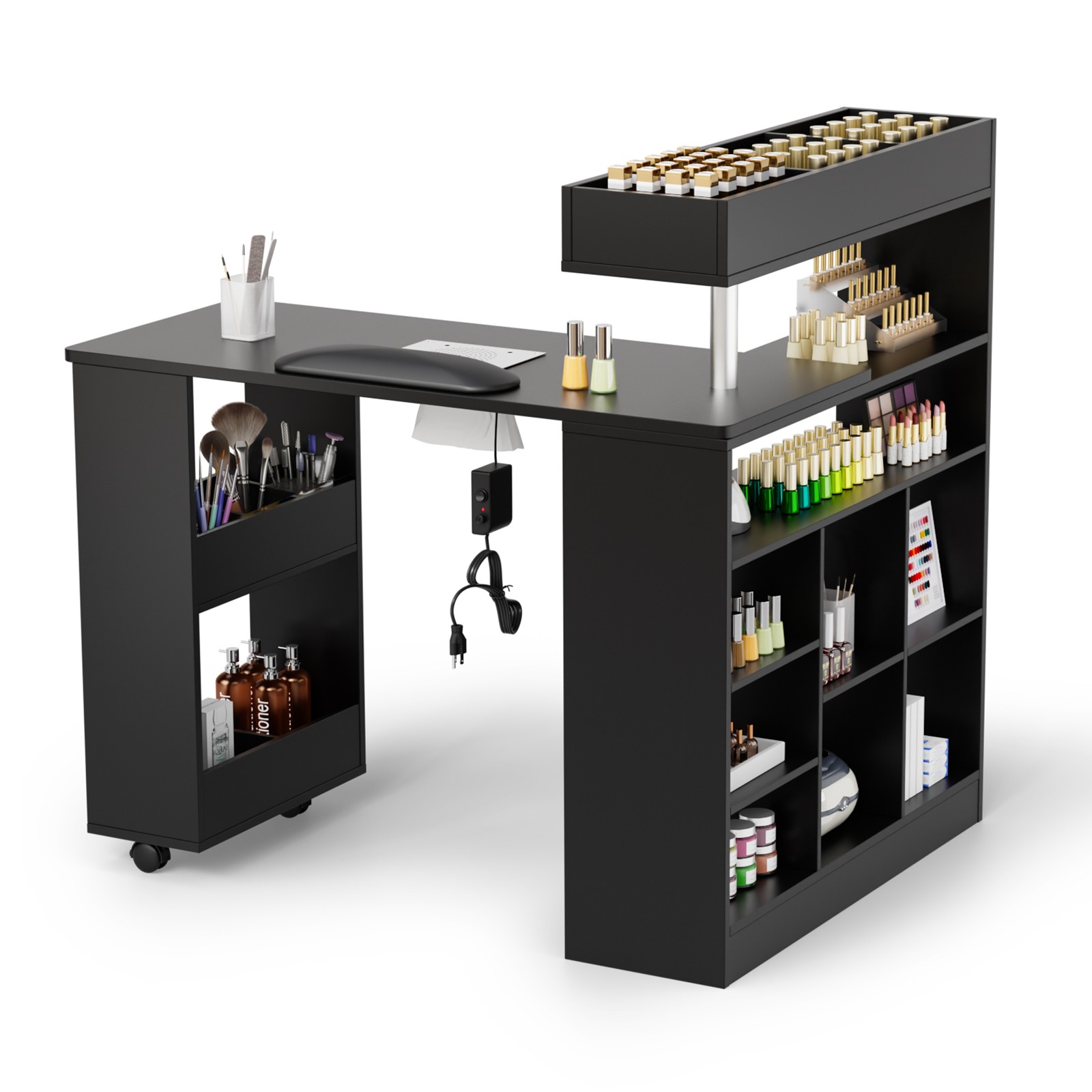 L Shaped Manicure Table with Wrist Rest & 180° Swivel Desktop and Dust Collector