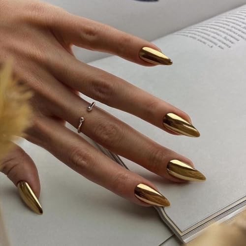 Chrome Gold Press on Nails Medium Almond, Mirror Metal Stiletto almond gold