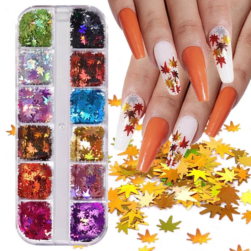 12 Colors Holographic Maple Leaf Nail Art Flakes Fall Leaf Glitter Nail Sequins