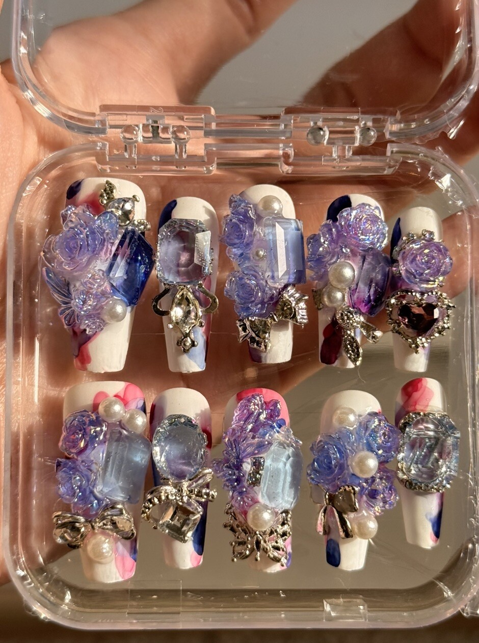 10pcs Handmade Rose Fake Nail Press On/Glue On Nails Size M(Read Description)