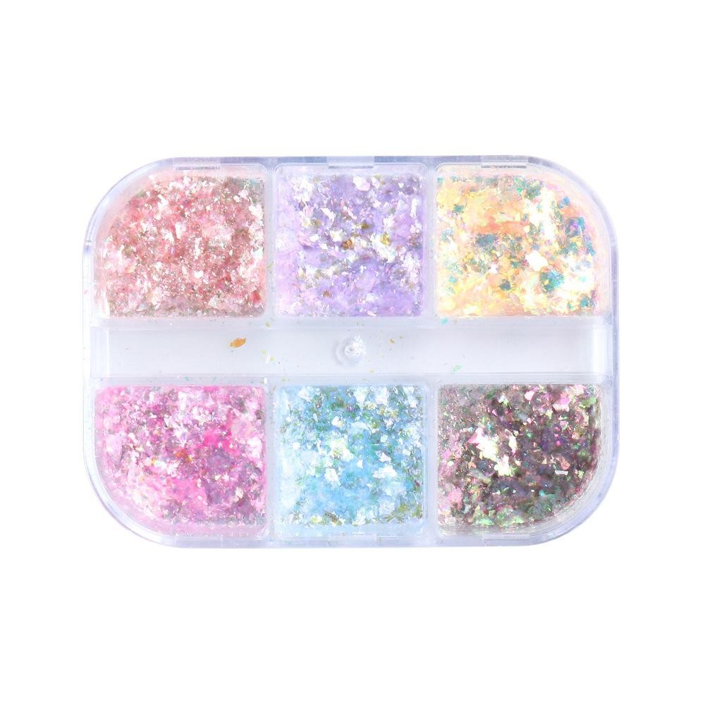 6 Grid Nail Glitter Sequins Set with Aurora Powder & Iridescent Opal for Nails