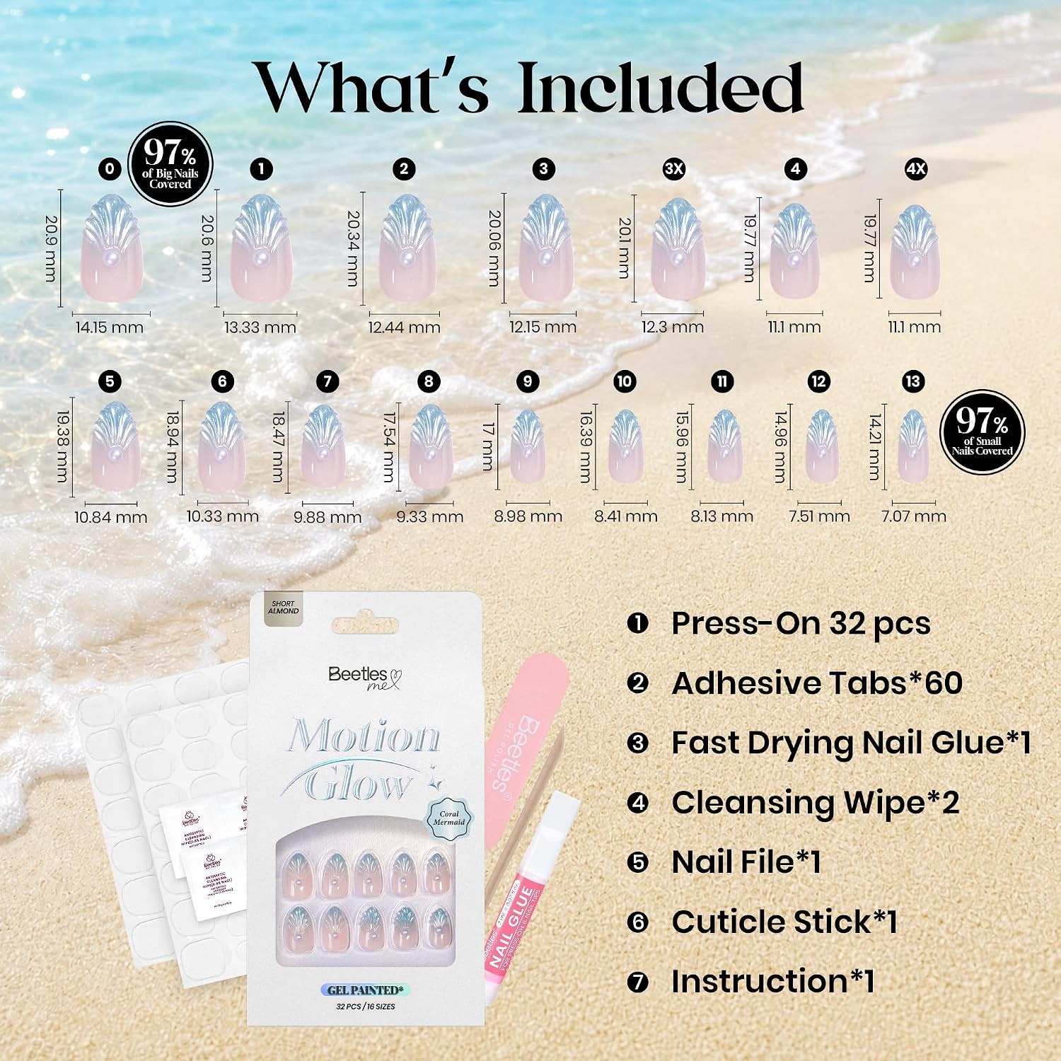 Cat Eye Press on Nails Short Almond 32 Pcs Mermaid Nails Kit | Short Almond 3D C