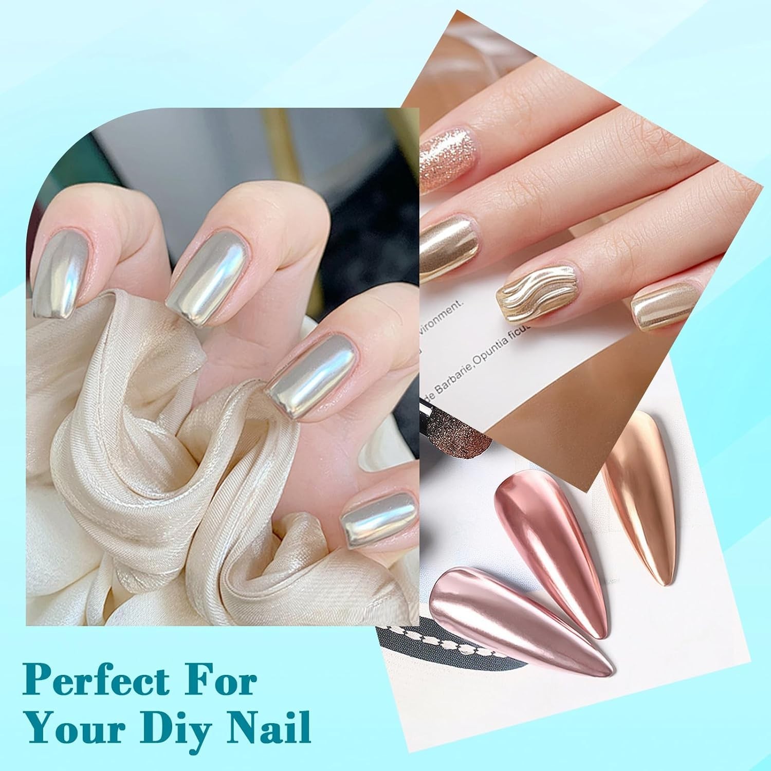 High-Pigmented Lake Blue Chrome Nail Powder with Eyeshadow Stick for Easy Art