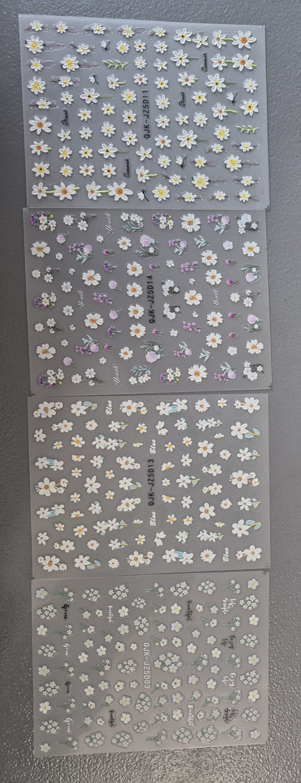 4 Sheets Nail Art Stickers, Flowers Quotes Blue Purple White Yellow NEW