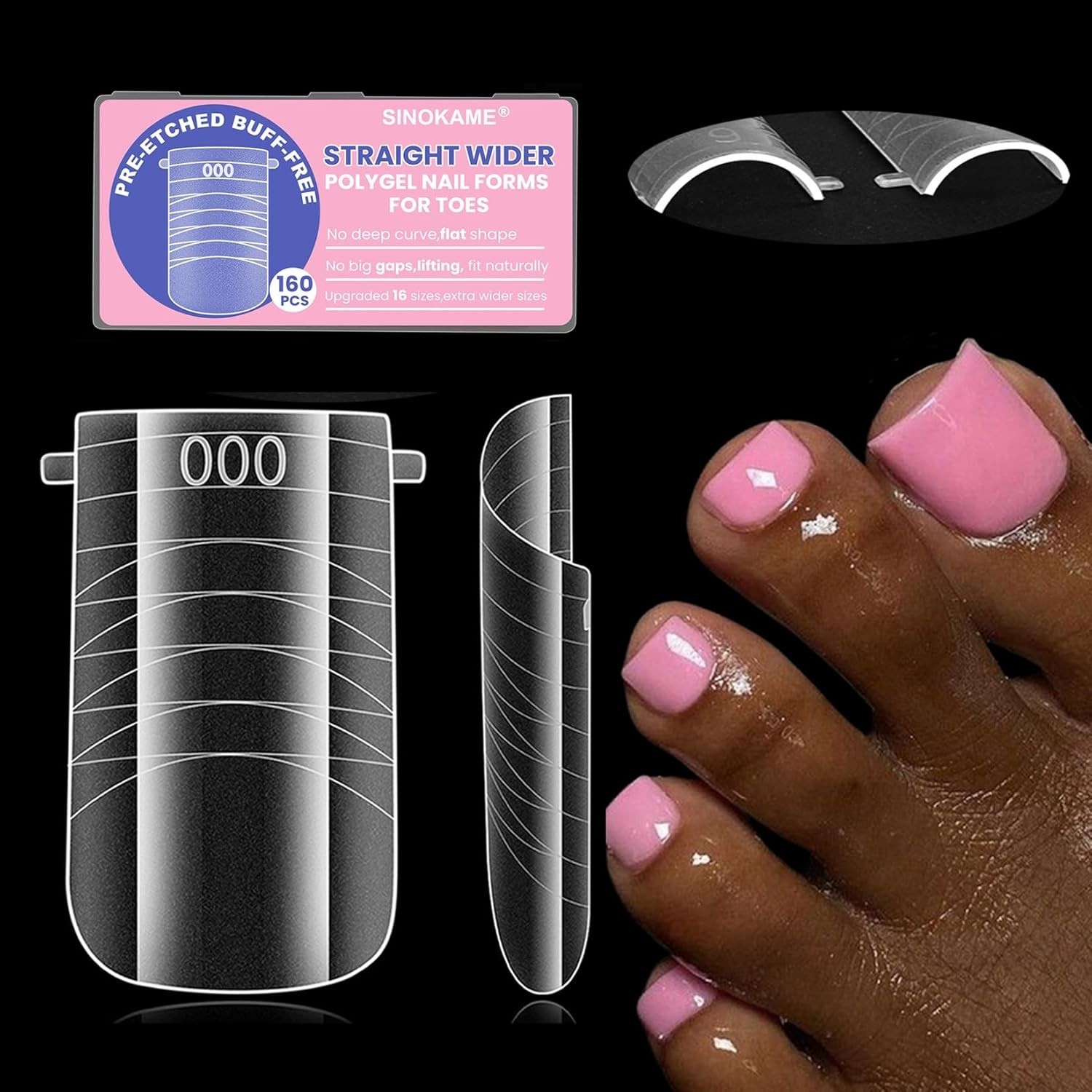 Toe Dual Form, Wider 16 Sizes Pre-Etched Polygel Toenail Forms Reusable,Fast Toe