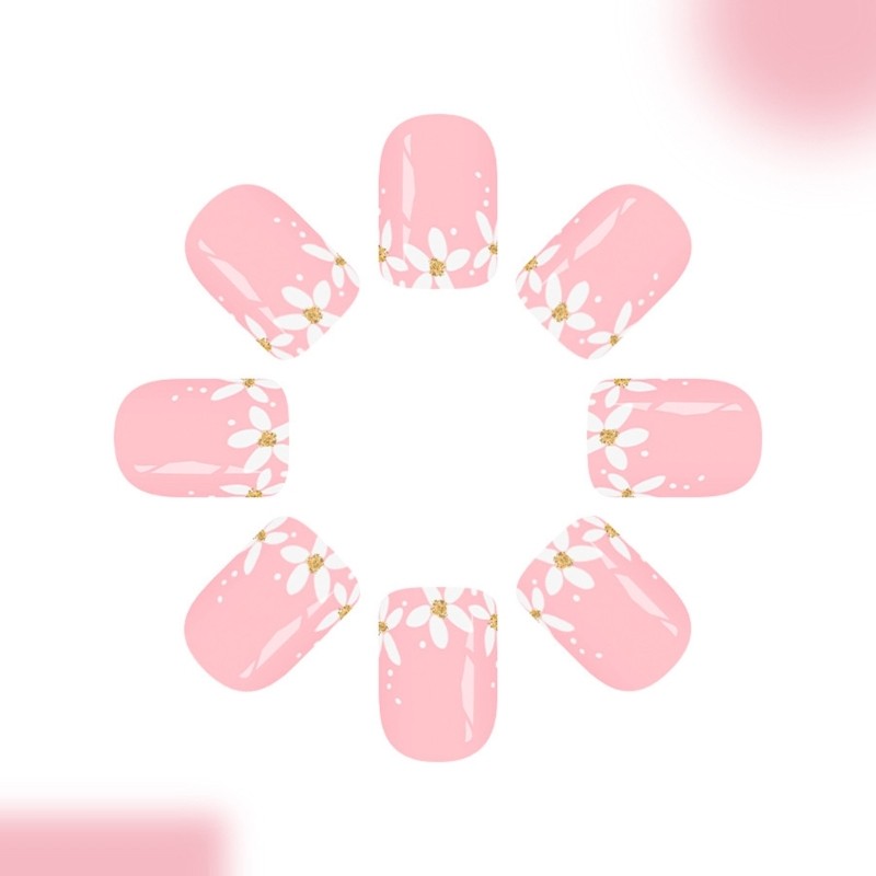 Short Square Artificial Nail 24Pcs Sparkling Floral Design Plastic Material