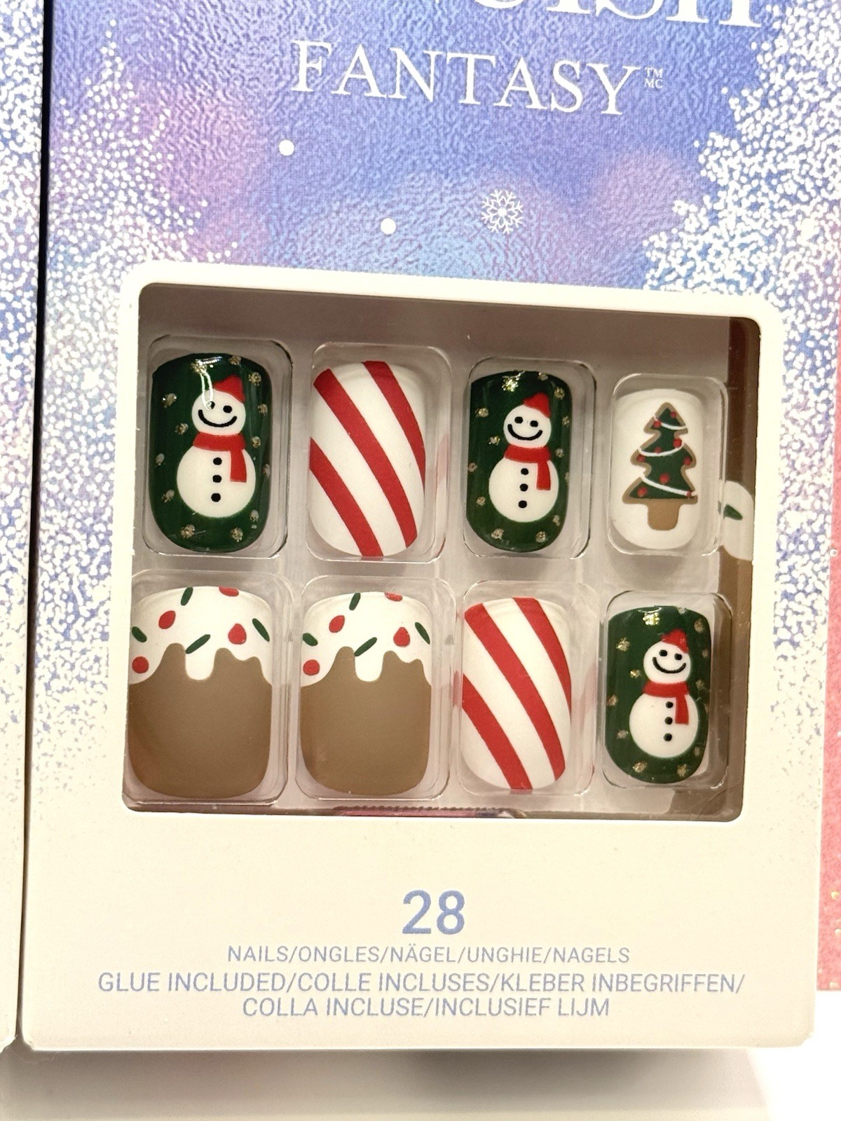 Kiss Voguish Fantasy Press-On Nails Short Holiday Green White Snowman Tree 2pack