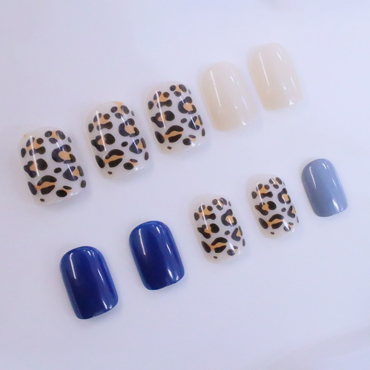 48pcs Short Almond Press on Nails, Blue Gray Cream Leopard Print Casual Nails