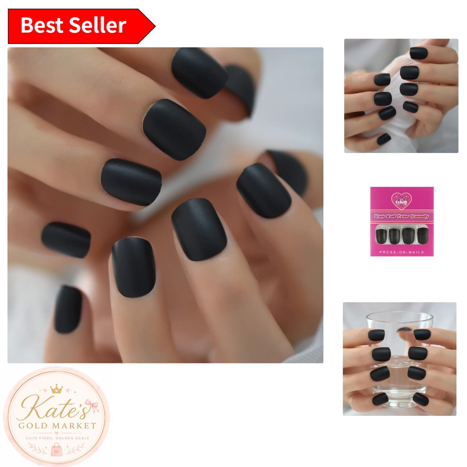 Trendy 24 Pack Black Fake Gel Nails – Full Cover Round Design for Daily Glam