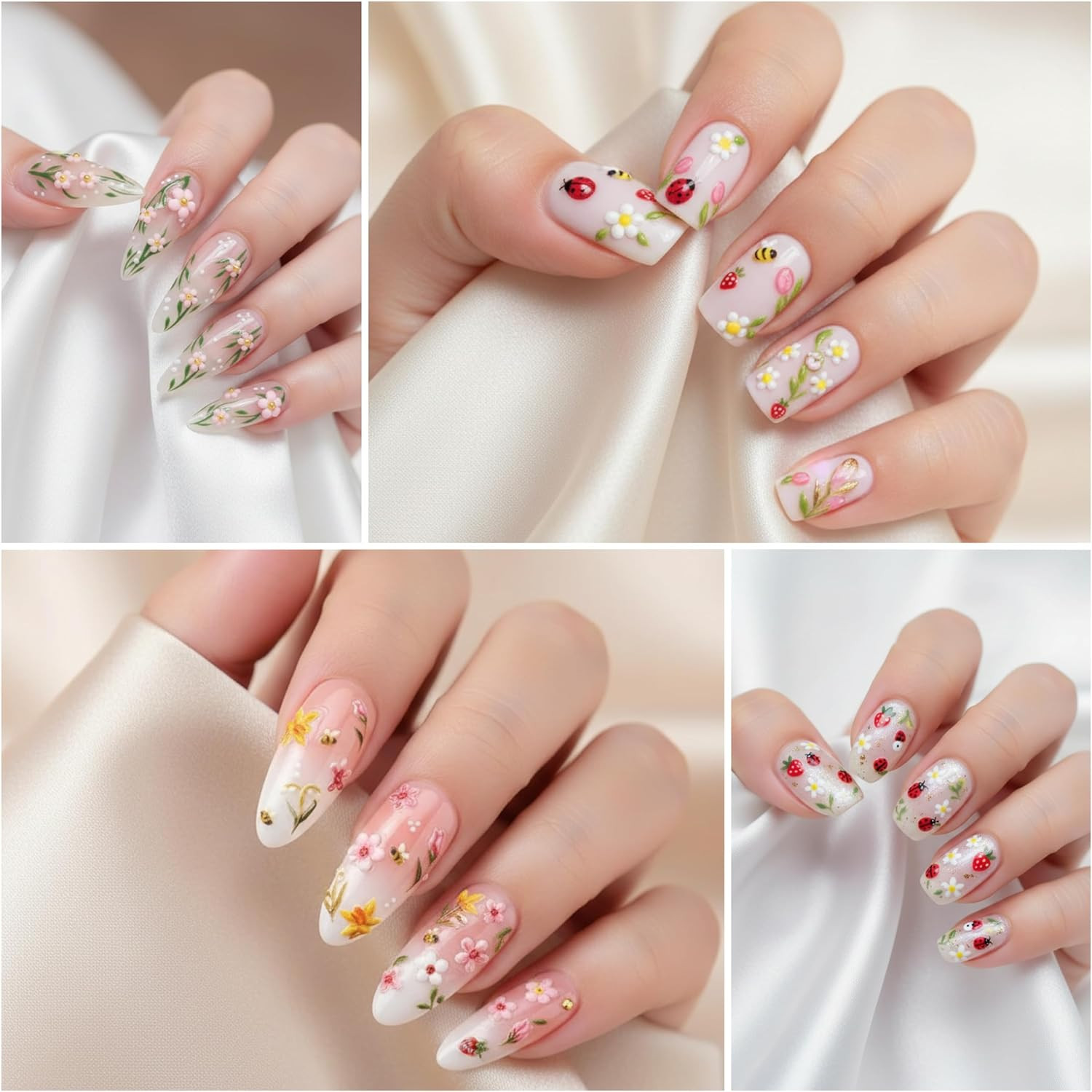 Nail Stickers for Nail Art, 5D Embossed Cute Floral Bee Ladybug Flower Nail Deca