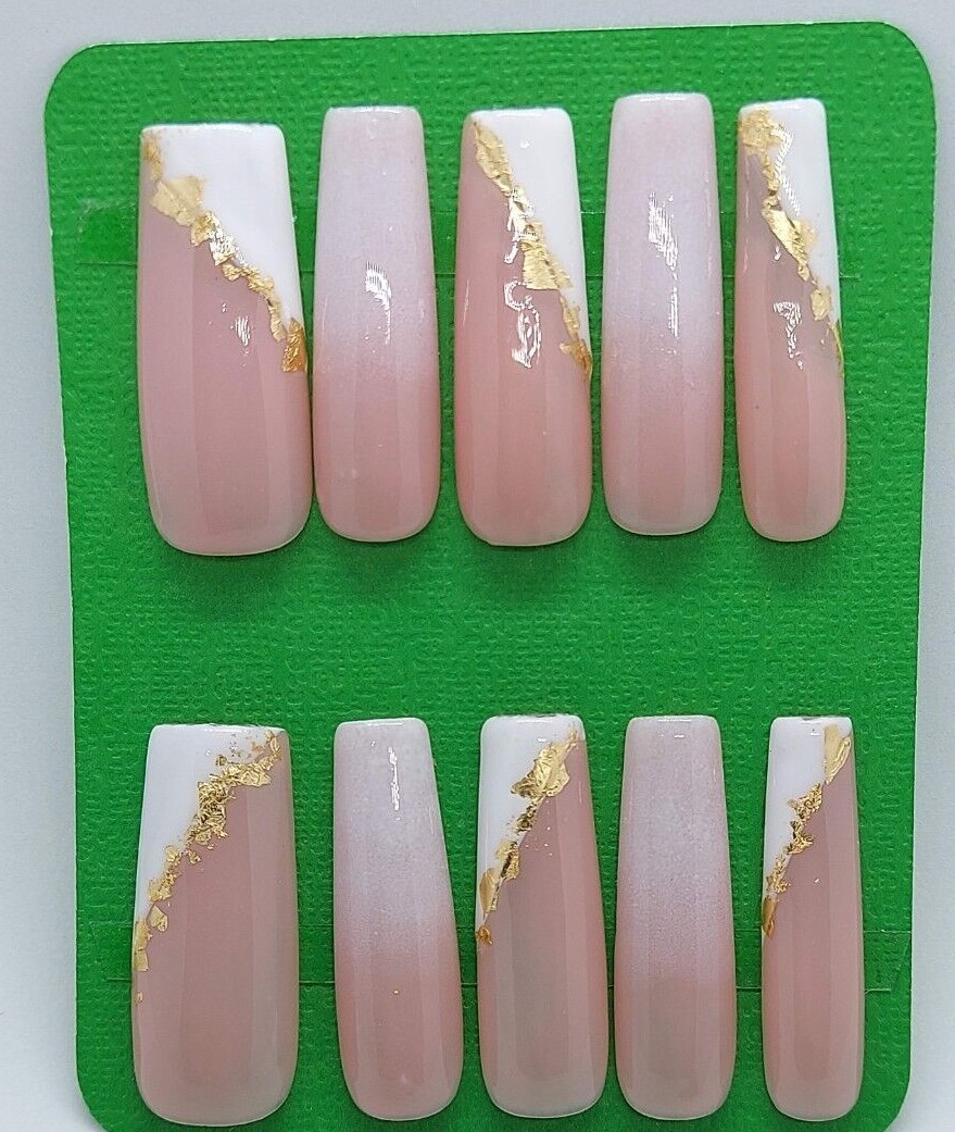 White Slanted French Gold Nude Wedding Elegant Ombre Special Event Press on Nail