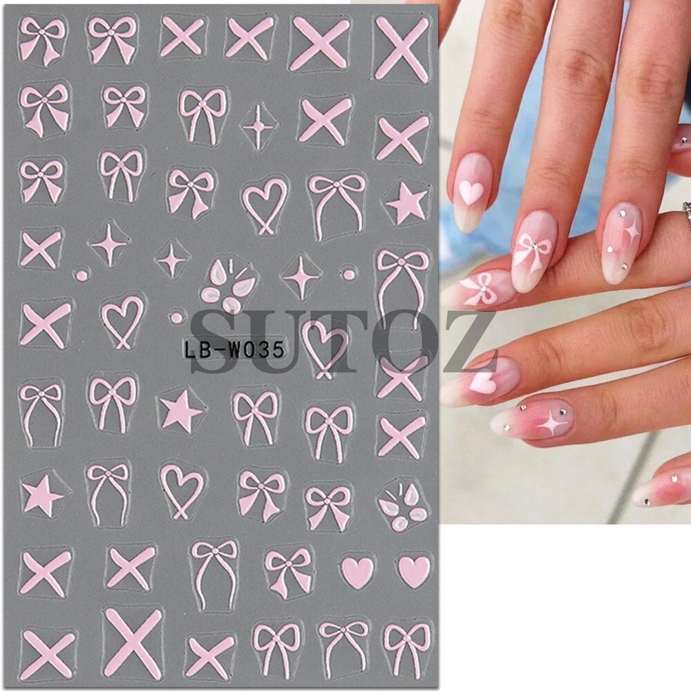 2Sheets Nail Art Stickers Pink White Bow Tie Heart Star French Tip LBW35/36 NH28