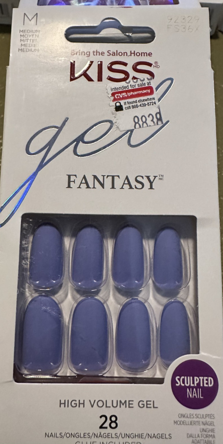 Kiss Nails Gel Fantasy Glue/Press on Medium Blue Purple Periwinkle Sculpted
