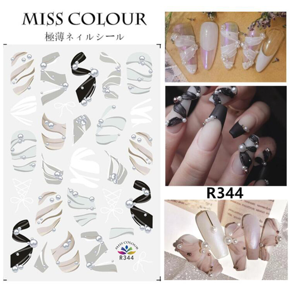 Nail Stickers Art Decal Waterproof Princess Black White Silk Ribbon Decoration