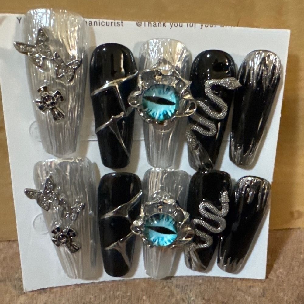 Gothic 3D Press On Nails Black Silver Chrome Snake Dragon Eye Butterfly Coffin
