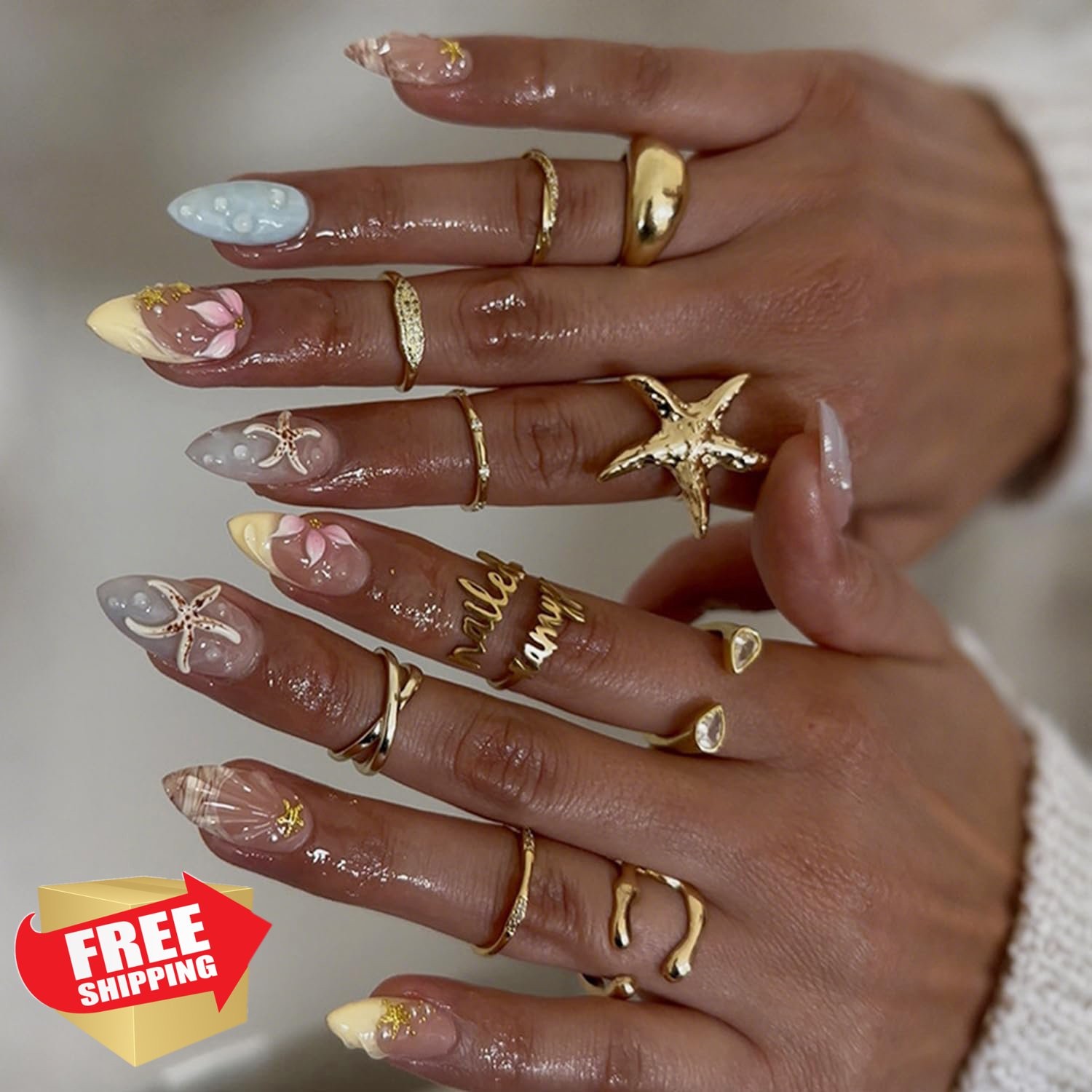 OSTTMA Medium Almond Press on Nails Starfish Shell