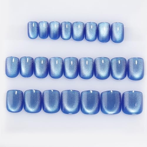 Blue Press on Nails Short Square, Cat Eye Press on Nails, Fashion B01-Ice Blue