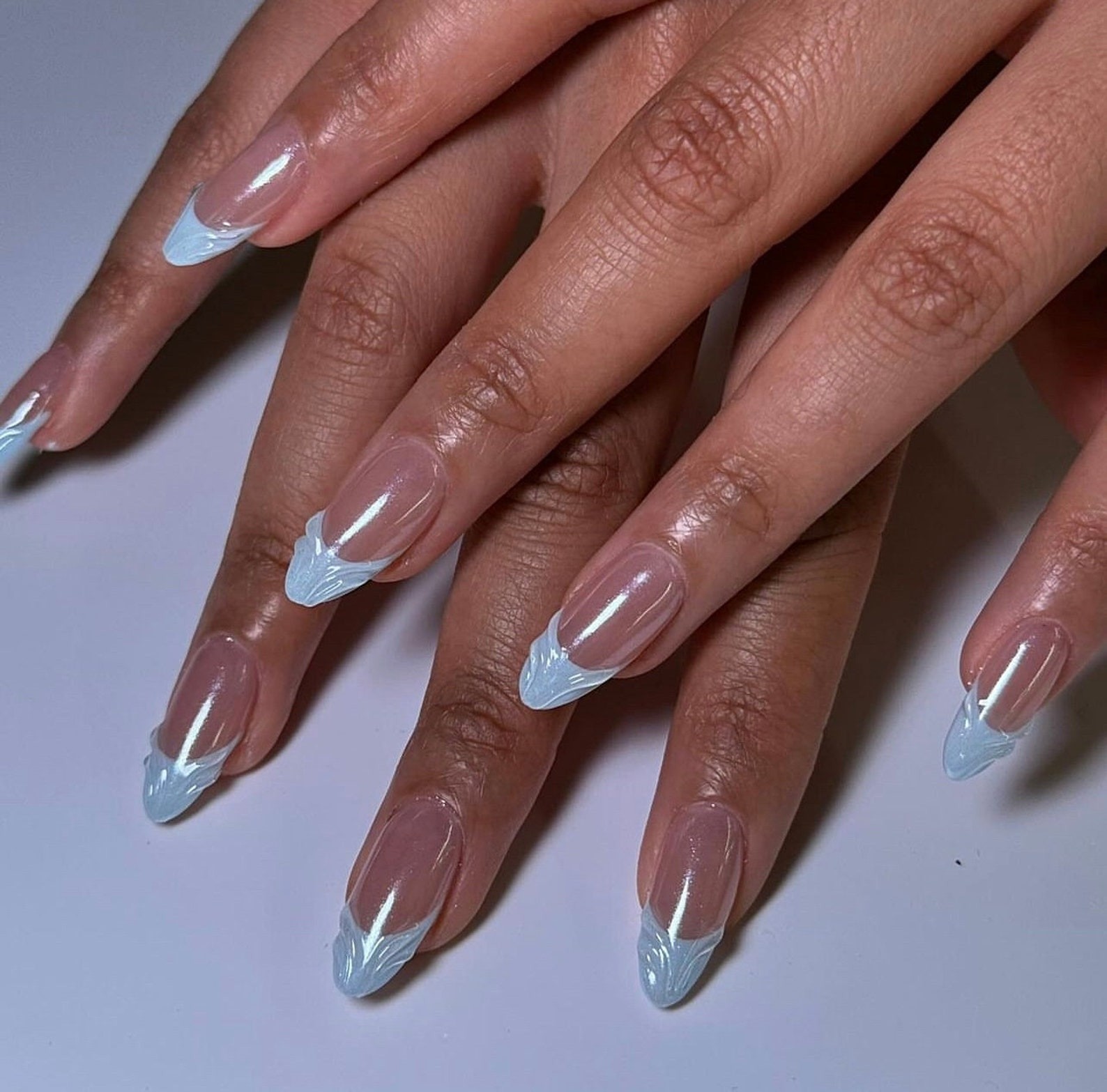 Handmade Light Blue 3D Texture French Long Almond Press on Nails Set