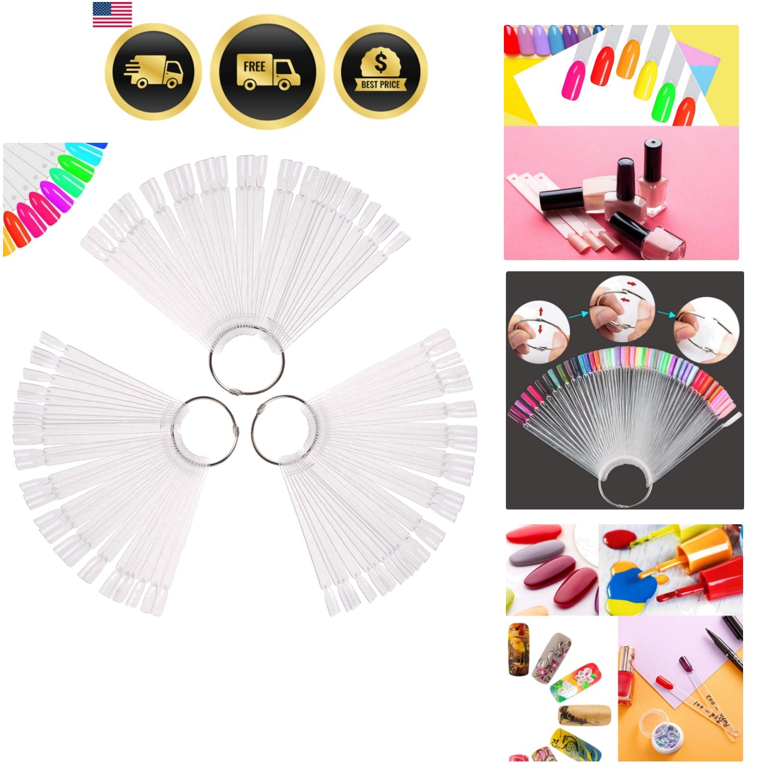 150 Pcs Clear Nail Swatch Sticks with Ring, Fan Shape Nail Art Polish Display…