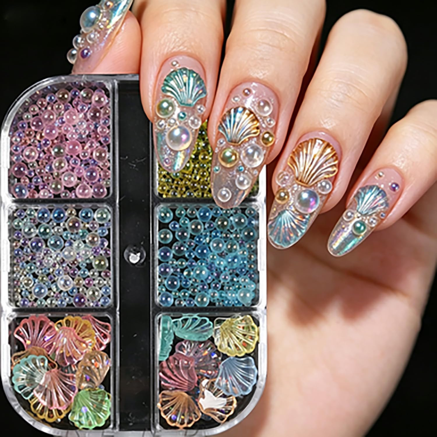 Iridescent Sector Seashell Nail Art Decoration 6 Grid, Resin Bubble Beads Nail R