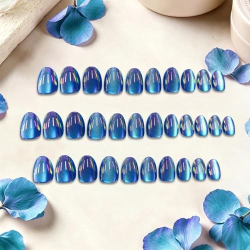 Chrome Press On Nails Short Oval – 32 Pcs Glazed Royal Blue Fake Nails Press