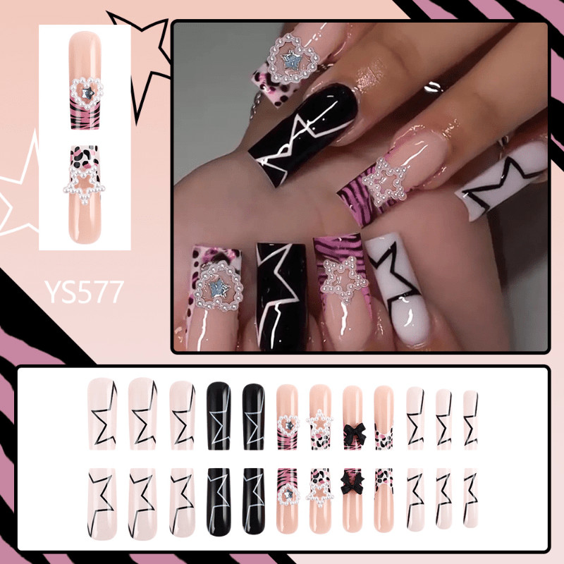 48Pcs Long Black Pink Leopard Star Press on Nails Casual Daily Trendy Nails
