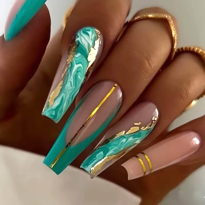 24Pcs Set Long Coffin Ballet Turquoise Green Marble Press On Nails Gold metallic