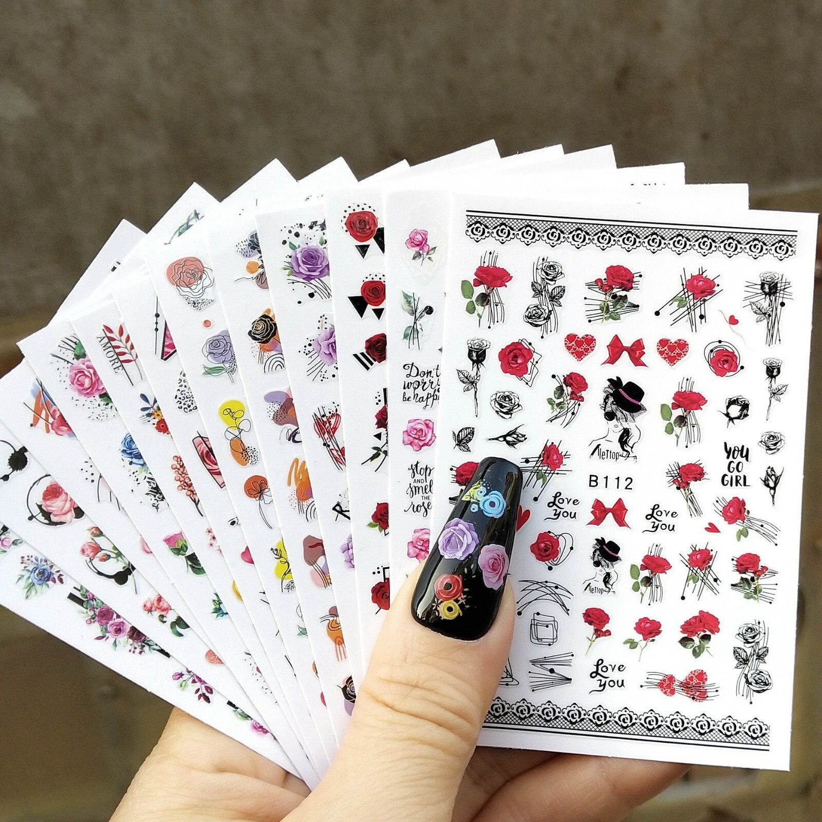 Rose Daisy Heart Love Flower Nail Sticker Geometric Stripes Line Leopard Print