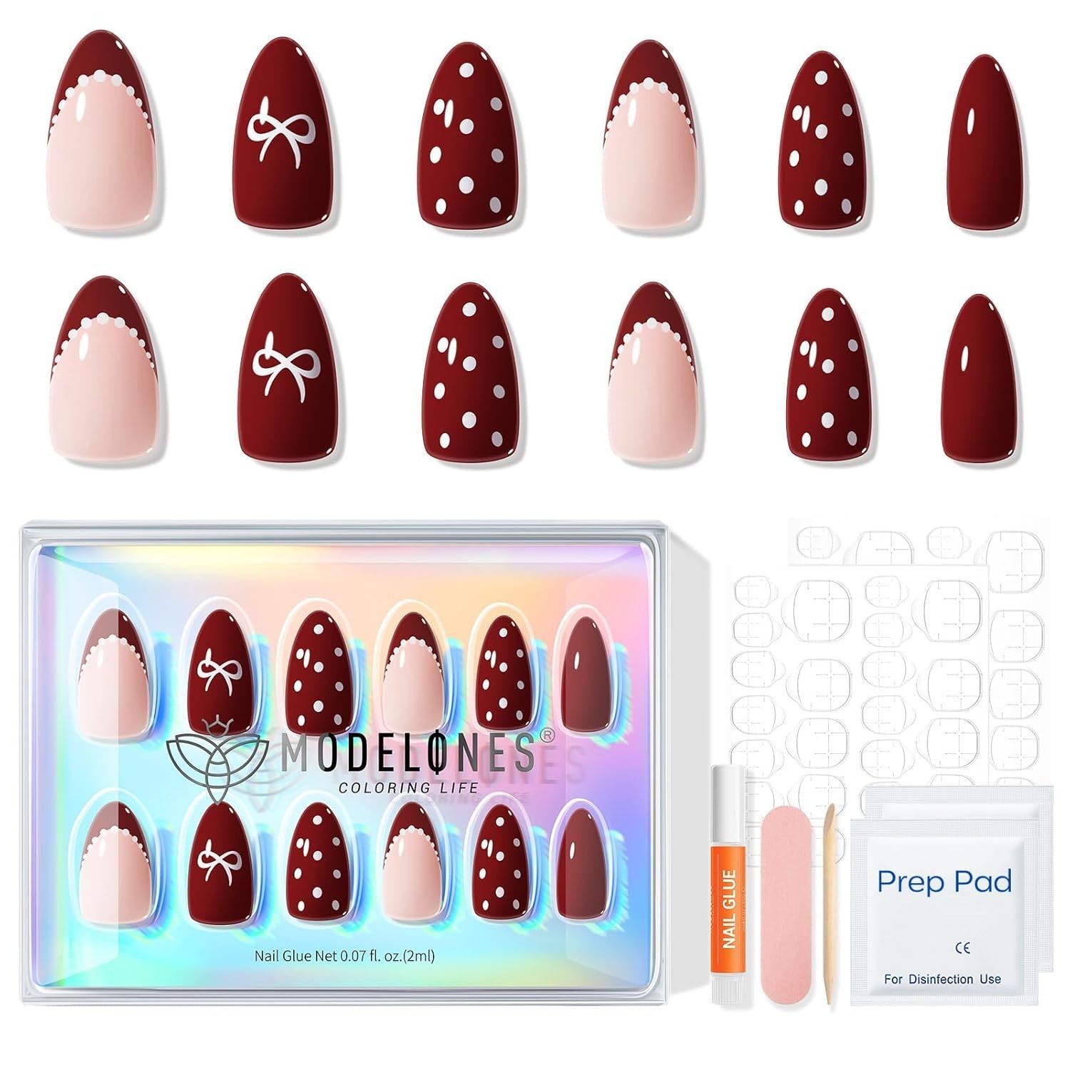 Modelones Dark Red Press on Nails Almond, Burgundy French Tip Polka Dot Bow